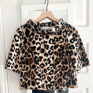 TRINA TURK Short Sleeve Kailee Top Faux Fur Animal Print Size XS